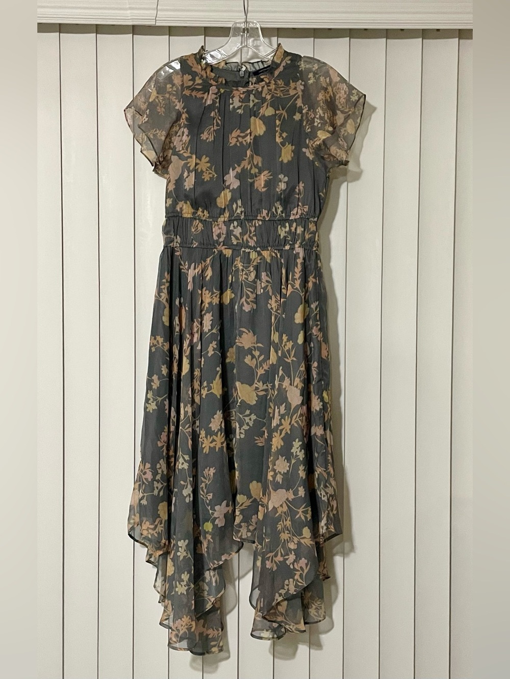 French Connection Floral Chiffon Midi Dress in Charcoal and Blush- Size 4